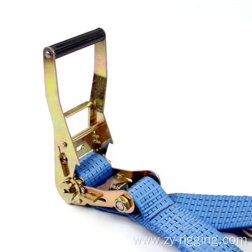 Blue stainless steel lock ratchet tie down strap